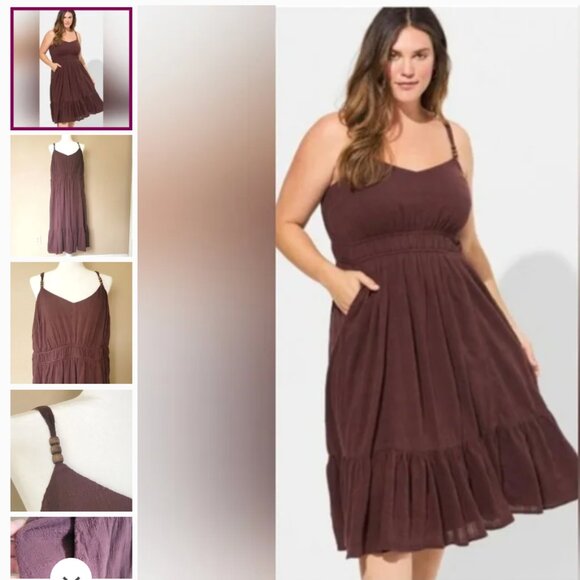 Torrid PLUS SIZE 4 Brown Textured Cotton Tiered Sleeveless Lined Midi Dress - Picture 1 of 14